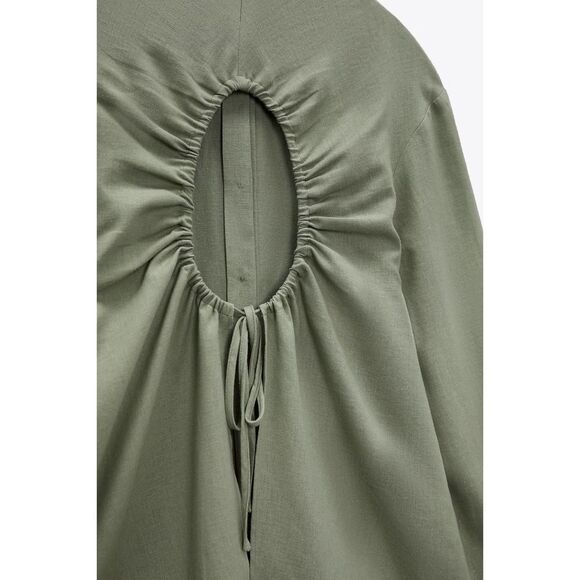 Zara EUC Linen Opeb Back Button Down Shirt Size M Khaki Green - Picture 8 of 12
